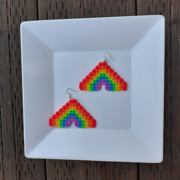 Handmade Pixel Rainbow Dangle Earrings Sprite Art Kidcore Hand Crafted - Picture 3 of 3